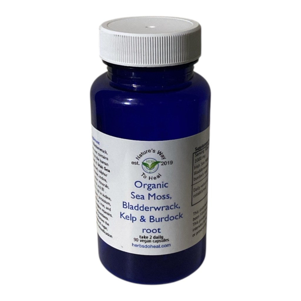 A bottle of Organic Sea Moss, Bladderwrack, Kelp, and Burdock root capsules, labeled with details about the product and usage instructions.